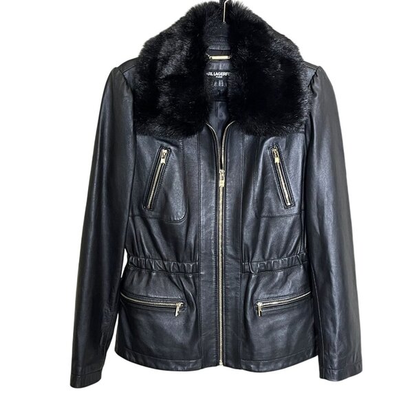 Karl Lagerfeld Black Genuine Leather Jacket W/Detachable Faux Fur Collar Medium - Picture 8 of 14